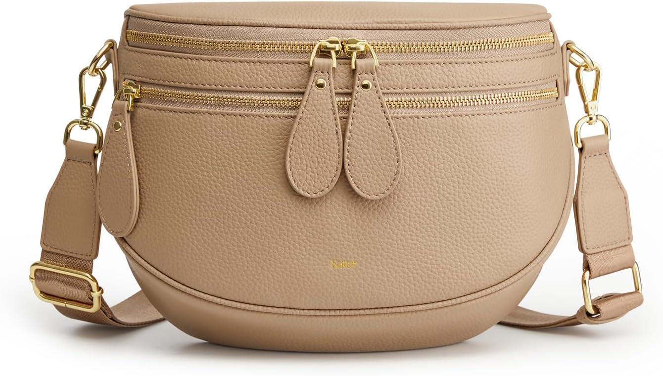 imageKattee Crossbody Bag Bum Bags for Women Leather Fanny Packs Belt Bag Spacious Sling Purses for Women with RFID Blocking BlackTan