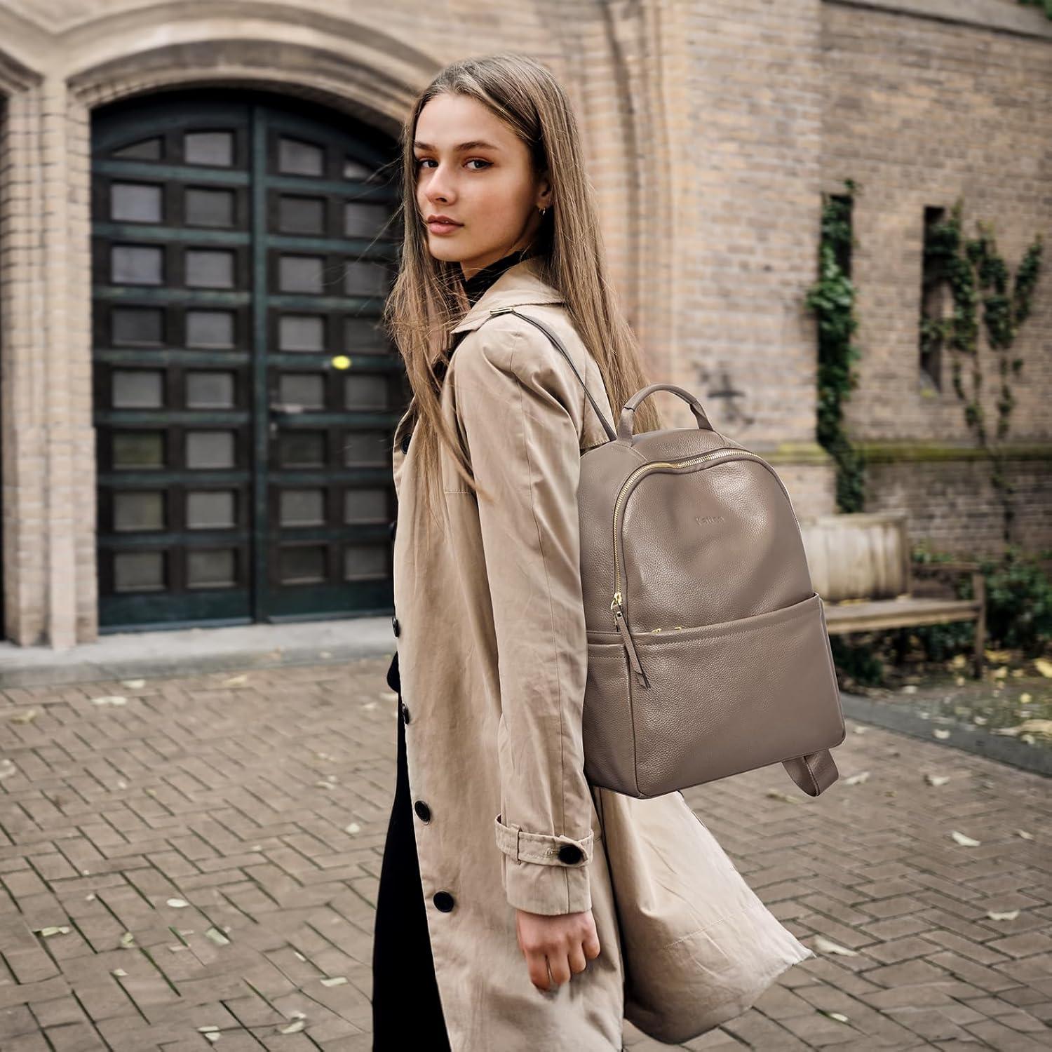 imageKattee Genuine Leather Backpack Purse for Women Antitheft Rucksack Soft Work Casual Daypack FashionKhaki