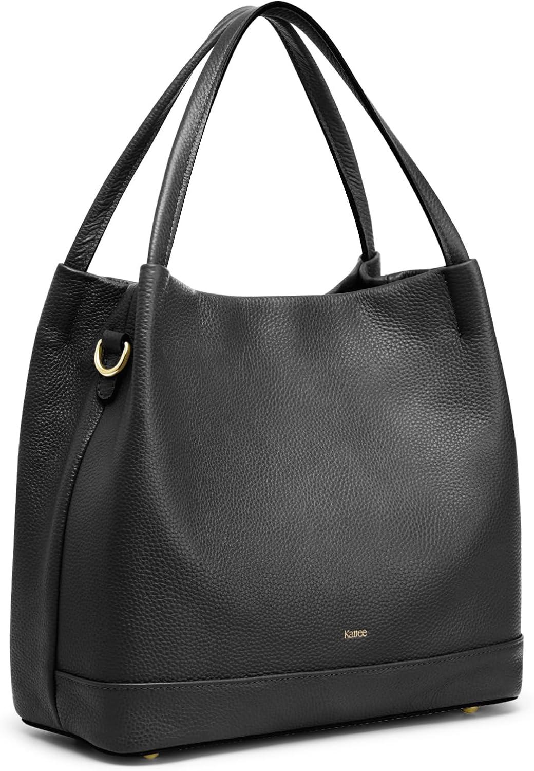 imageKattee Genuine Leather Handbags for Women 2025 Trendy Soft Leather Bucket Bags Shoulder Tote Crossbody Purses with 2 StrapsBlack