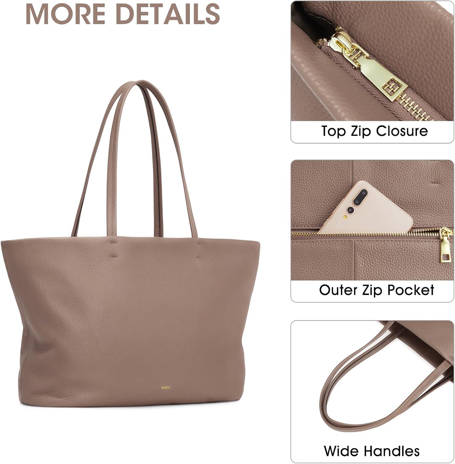 imageKattee Genuine Leather Tote Bags for Women Soft Shoulder Purses and Handbags Zipper Totes Travel Work Extra LargeKhaki
