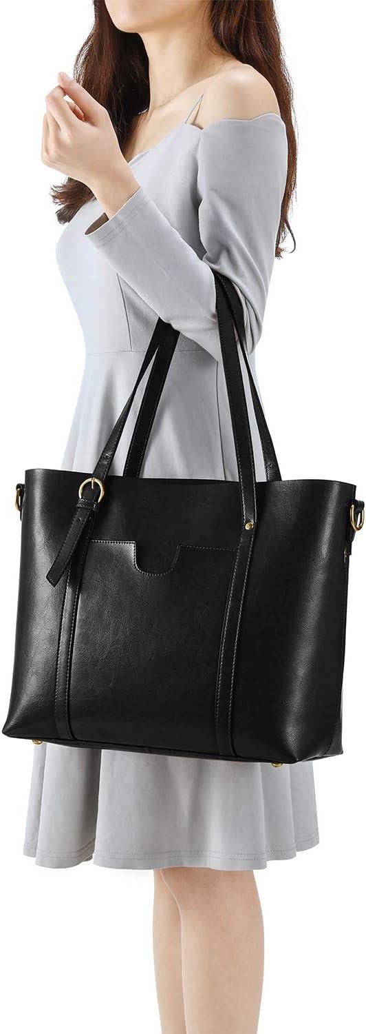 imageKattee Genuine Leather Women Tote Bag Soft Handbags Vintage Shoulder Purses Fashion Top Handle Bag Large CapacityBlack