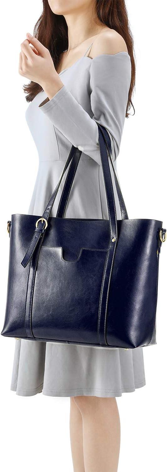 imageKattee Genuine Leather Women Tote Bag Soft Handbags Vintage Shoulder Purses Fashion Top Handle Bag Large CapacityBlue