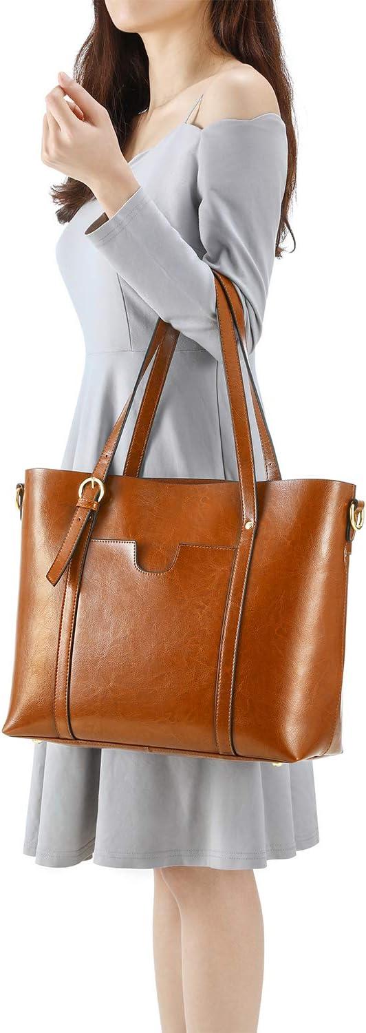 imageKattee Genuine Leather Women Tote Bag Soft Handbags Vintage Shoulder Purses Fashion Top Handle Bag Large CapacityBrown