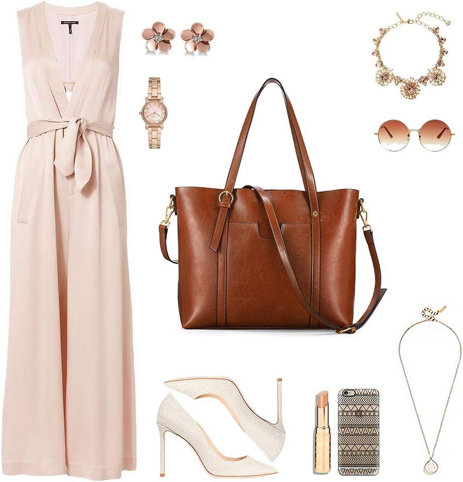 imageKattee Genuine Leather Women Tote Bag Soft Handbags Vintage Shoulder Purses Fashion Top Handle Bag Large CapacityDeep Brown