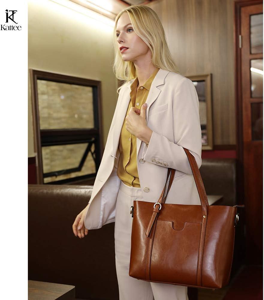 imageKattee Genuine Leather Women Tote Bag Soft Handbags Vintage Shoulder Purses Fashion Top Handle Bag Large CapacityDeep Brown