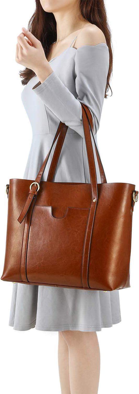 imageKattee Genuine Leather Women Tote Bag Soft Handbags Vintage Shoulder Purses Fashion Top Handle Bag Large CapacityDeep Brown