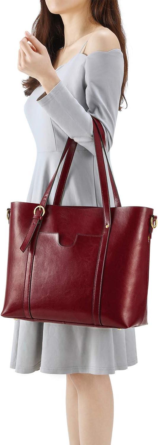 imageKattee Genuine Leather Women Tote Bag Soft Handbags Vintage Shoulder Purses Fashion Top Handle Bag Large CapacityRed