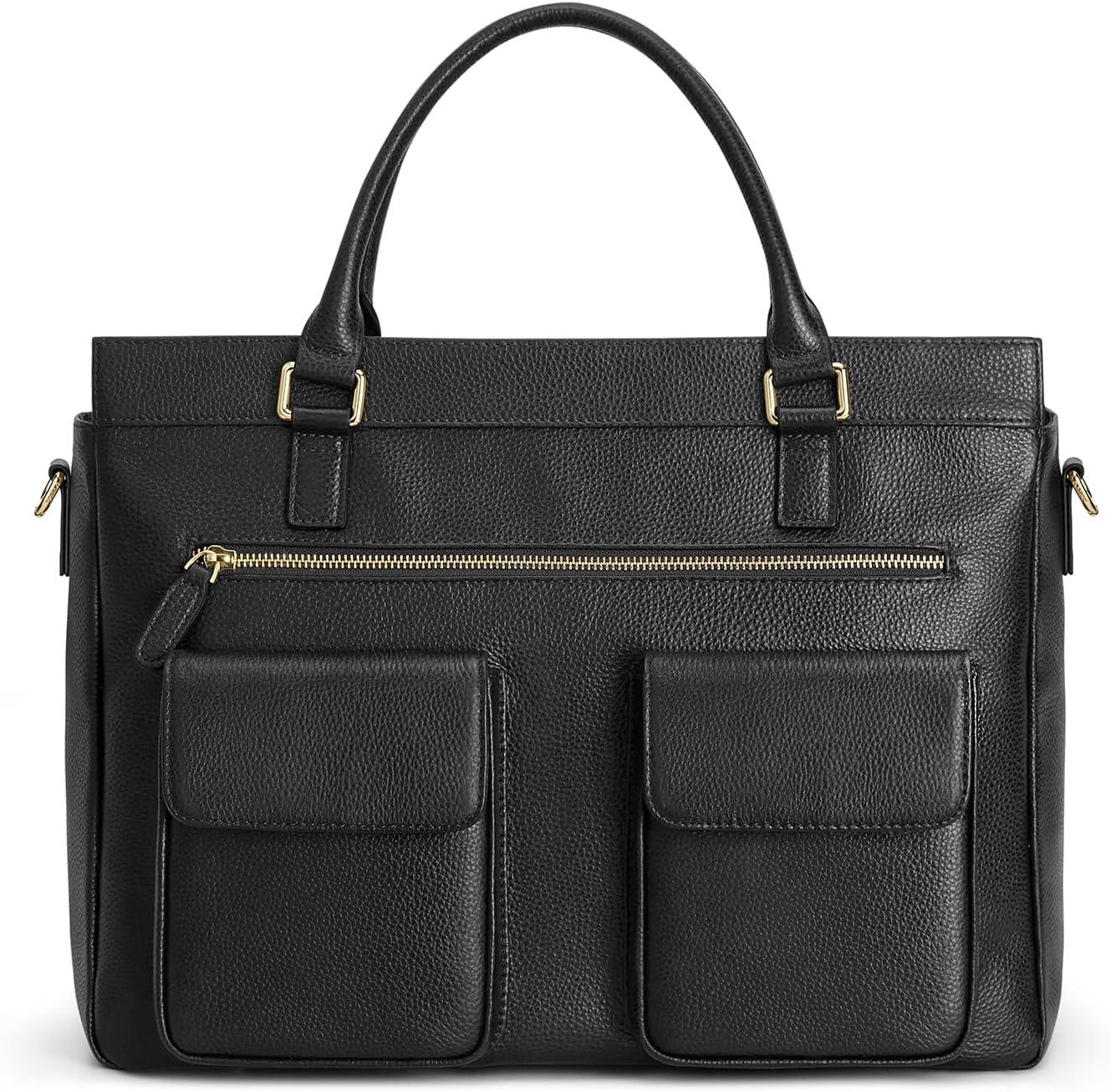 imageKattee Leather Briefcase for Women 15 Inches Laptop Bag Work Tote with LuggageShoulder StrapBlack