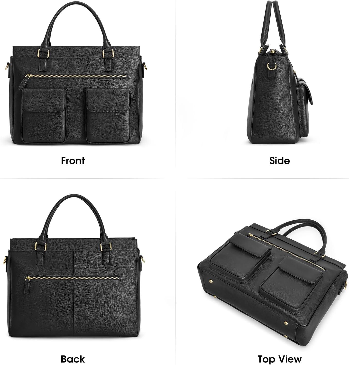 imageKattee Leather Briefcase for Women 15 Inches Laptop Bag Work Tote with LuggageShoulder StrapBlack