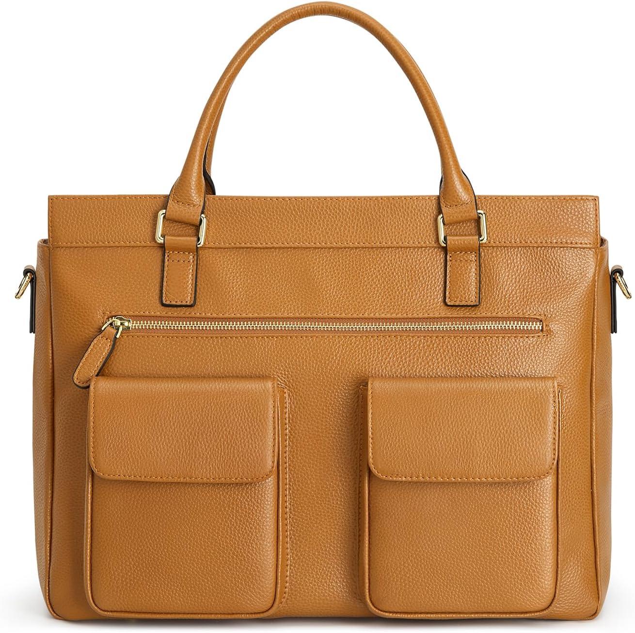 imageKattee Leather Briefcase for Women 15 Inches Laptop Bag Work Tote with LuggageShoulder StrapBrown