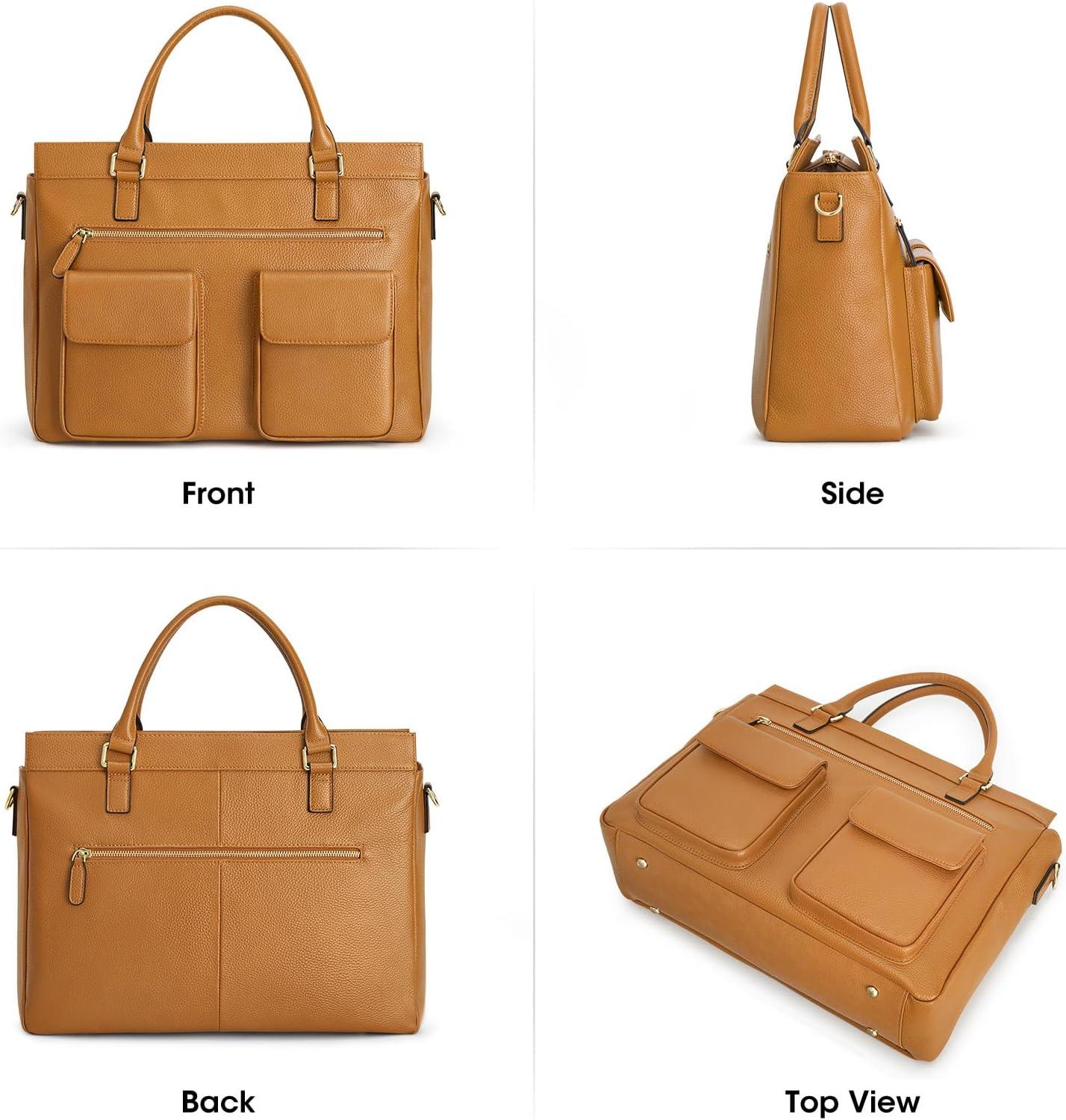 imageKattee Leather Briefcase for Women 15 Inches Laptop Bag Work Tote with LuggageShoulder StrapBrown