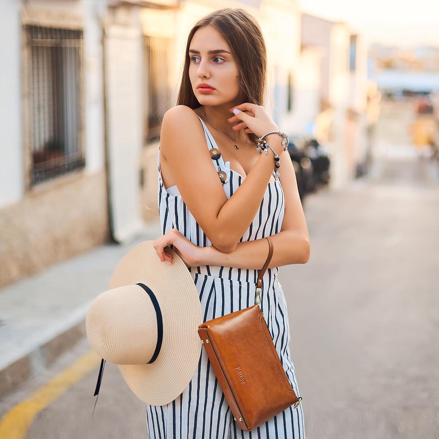 imageKattee Leather Crossbody Bags for Women Trendy Small Shoulder Purses and Handbags Clutch Wristlet Wallet with 2 StrapsLight Brown