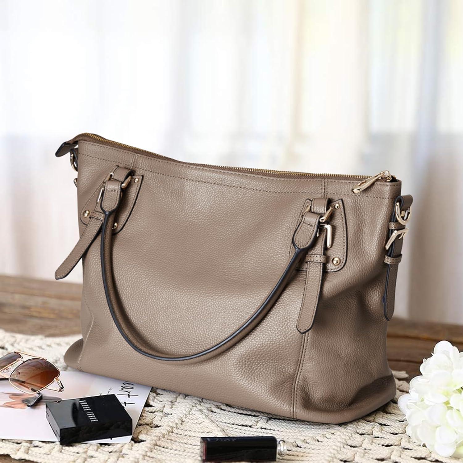 imageKattee Leather Handbags Tote Shoulder Bag for Woman Satchel Designer Purse Top Handles Crossbody Bag Large CapacityKhaki