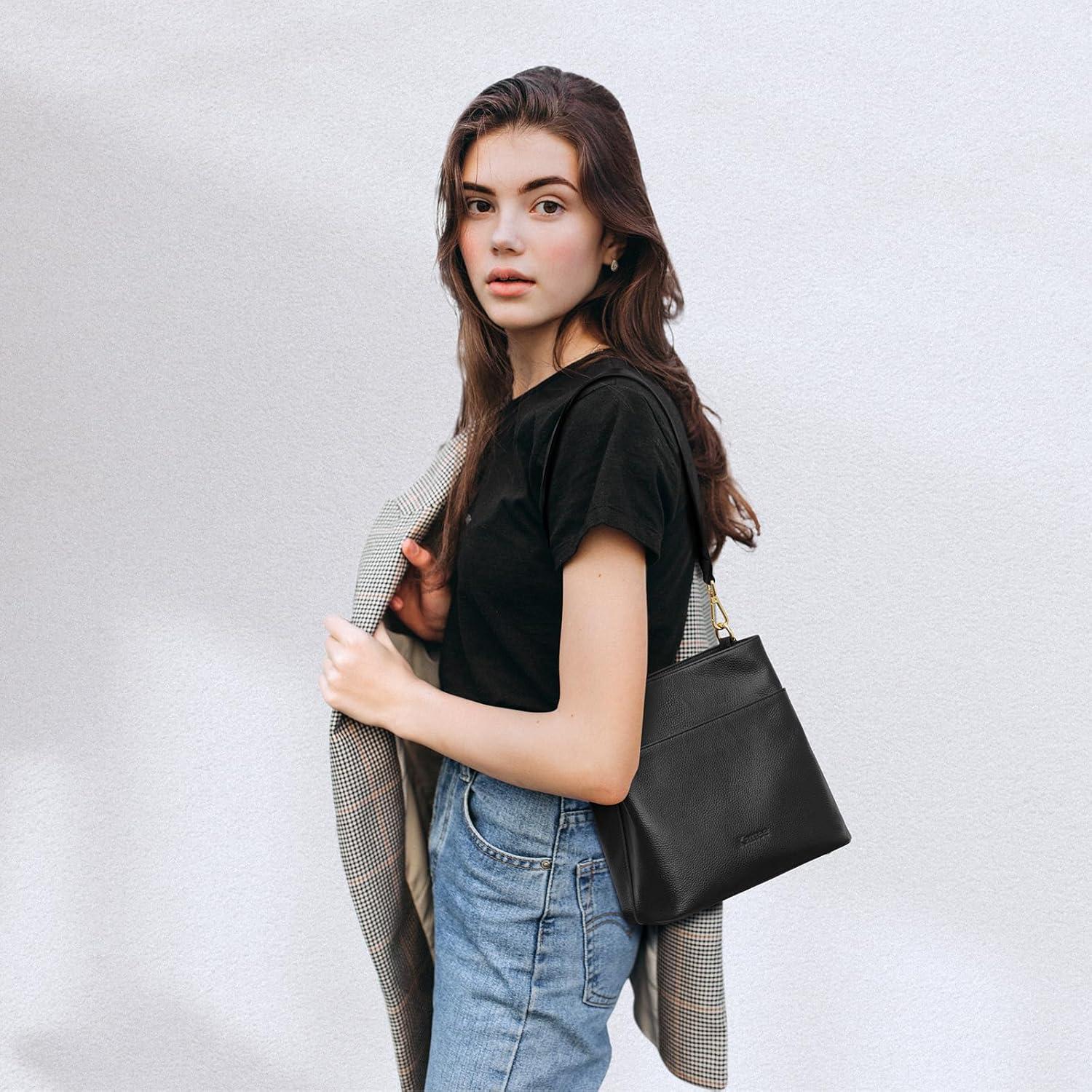 imageKattee Leather Handbags for Women Soft Shoulder Tote Crossbody Purses Bucket Bags with 2 Detachable StrapsBlack