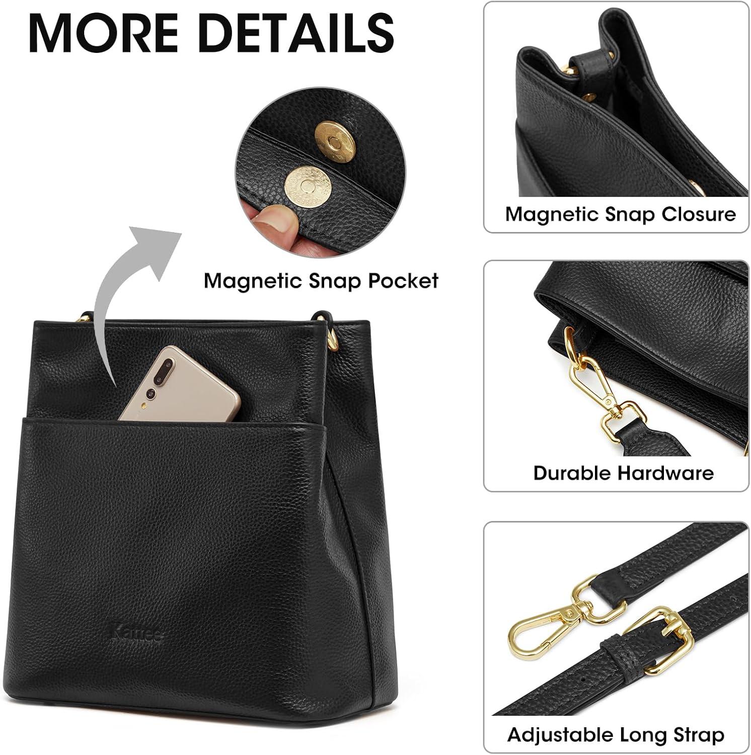 imageKattee Leather Handbags for Women Soft Shoulder Tote Crossbody Purses Bucket Bags with 2 Detachable StrapsBlack