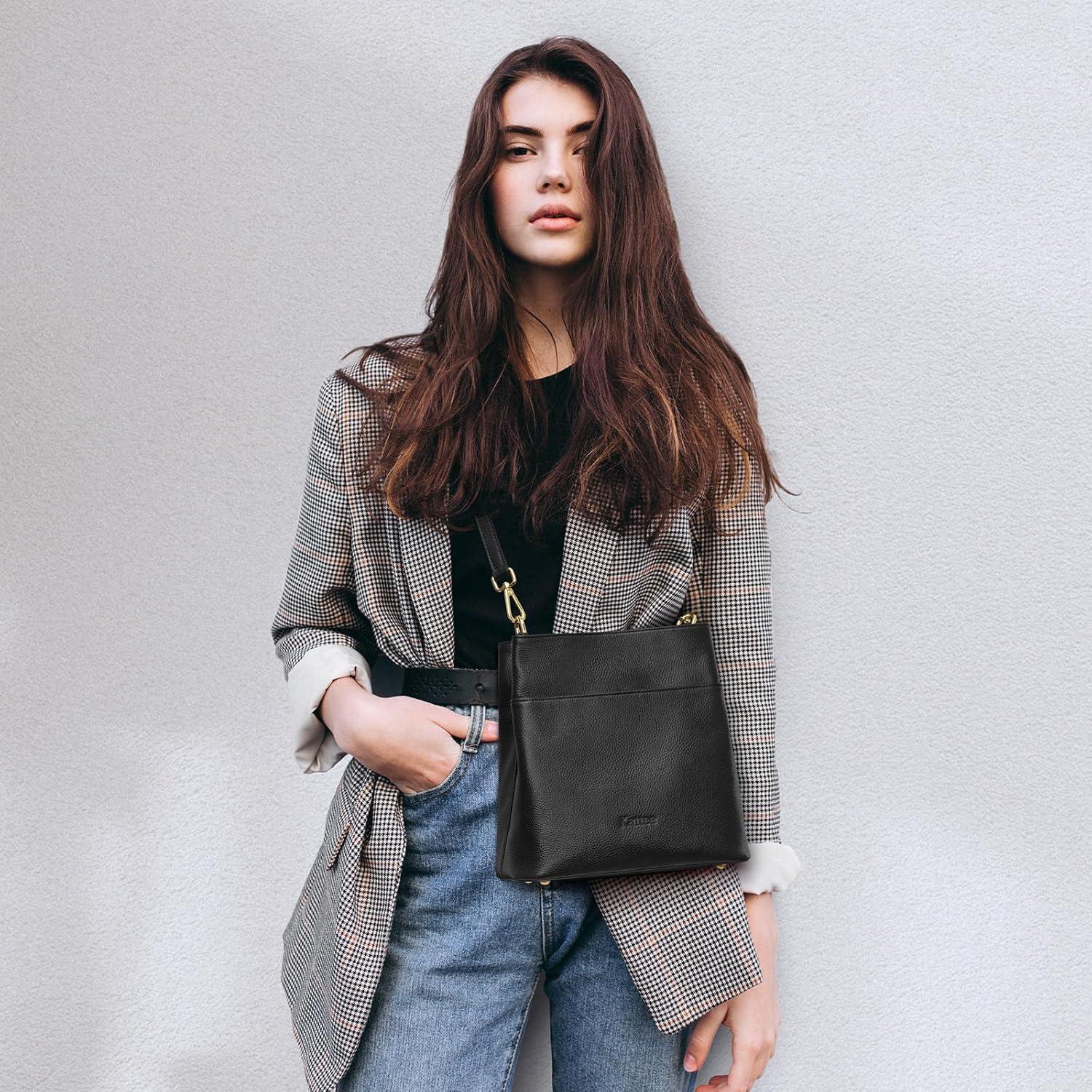 imageKattee Leather Handbags for Women Soft Shoulder Tote Crossbody Purses Bucket Bags with 2 Detachable StrapsBlack