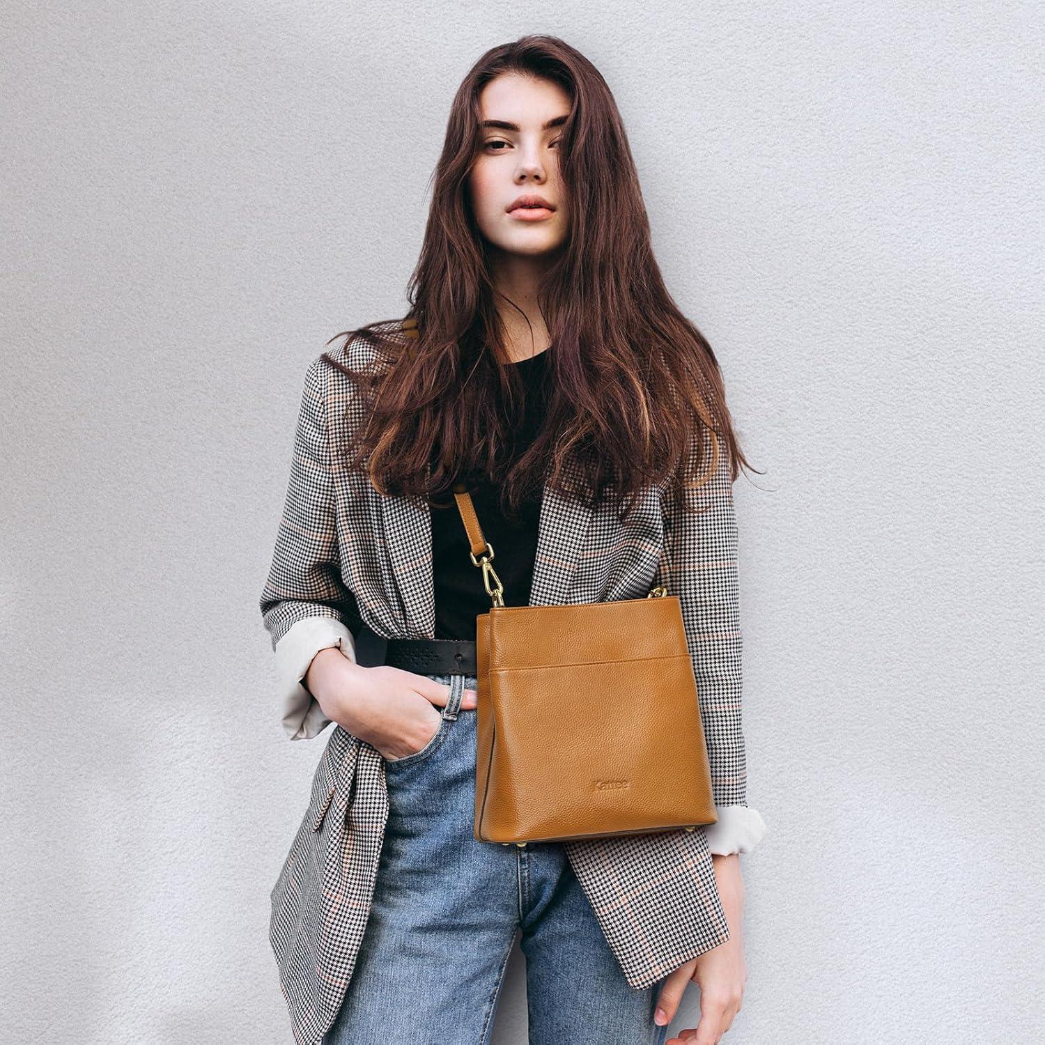 imageKattee Leather Handbags for Women Soft Shoulder Tote Crossbody Purses Bucket Bags with 2 Detachable StrapsBrown