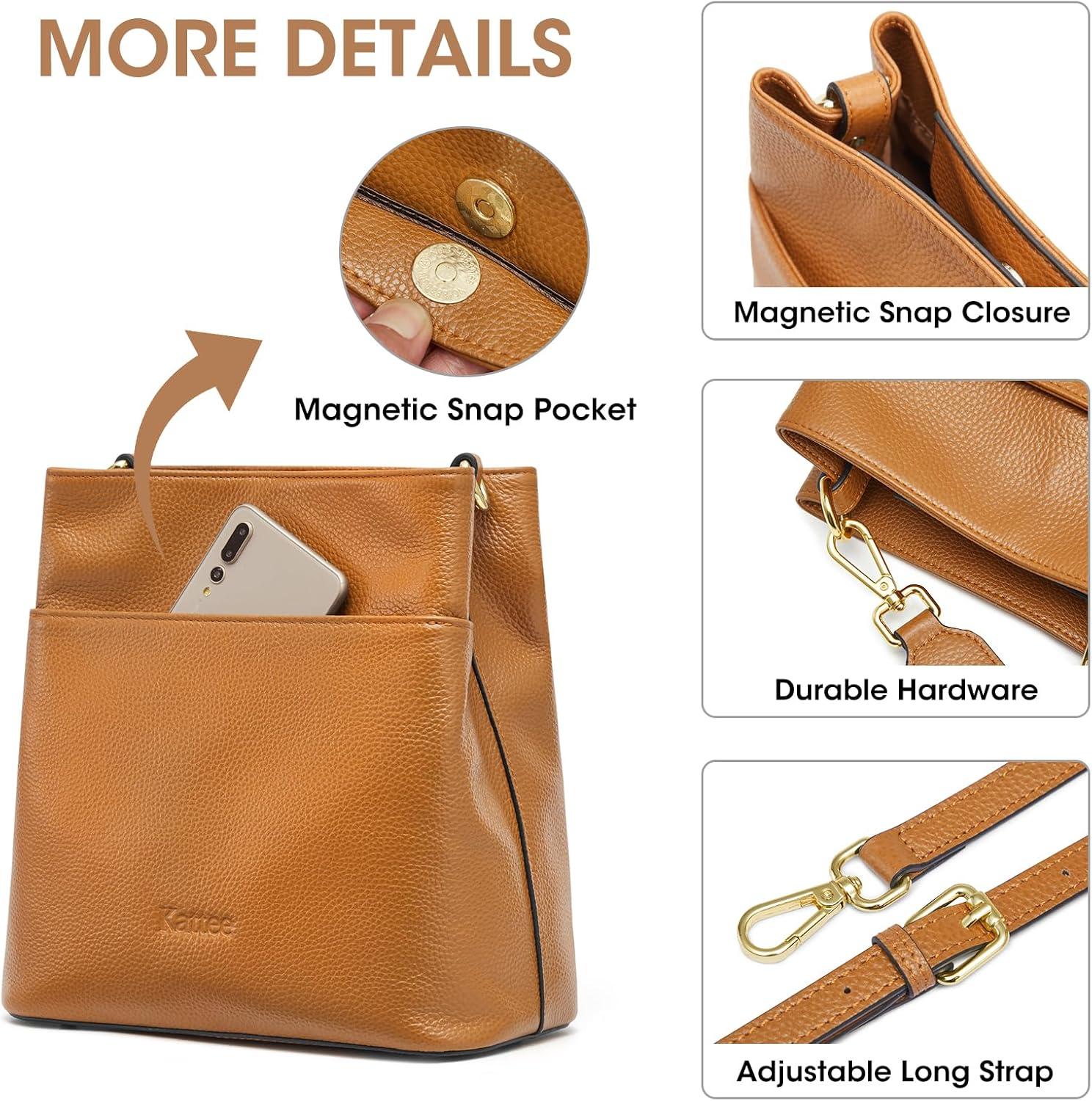 imageKattee Leather Handbags for Women Soft Shoulder Tote Crossbody Purses Bucket Bags with 2 Detachable StrapsBrown