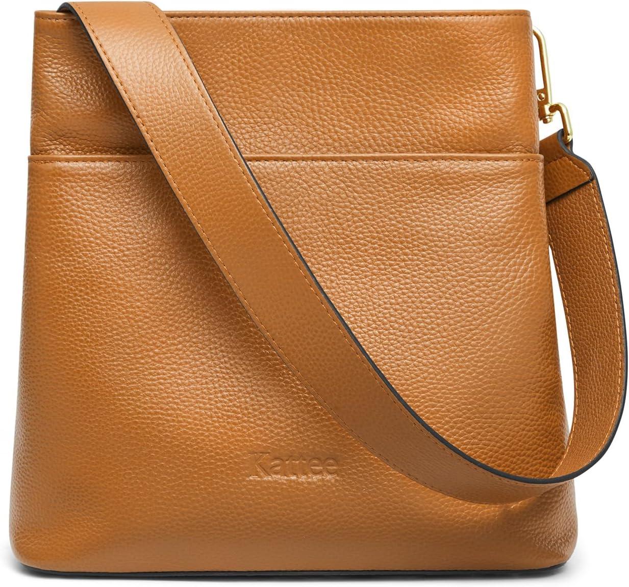 imageKattee Leather Handbags for Women Soft Shoulder Tote Crossbody Purses Bucket Bags with 2 Detachable StrapsBrown