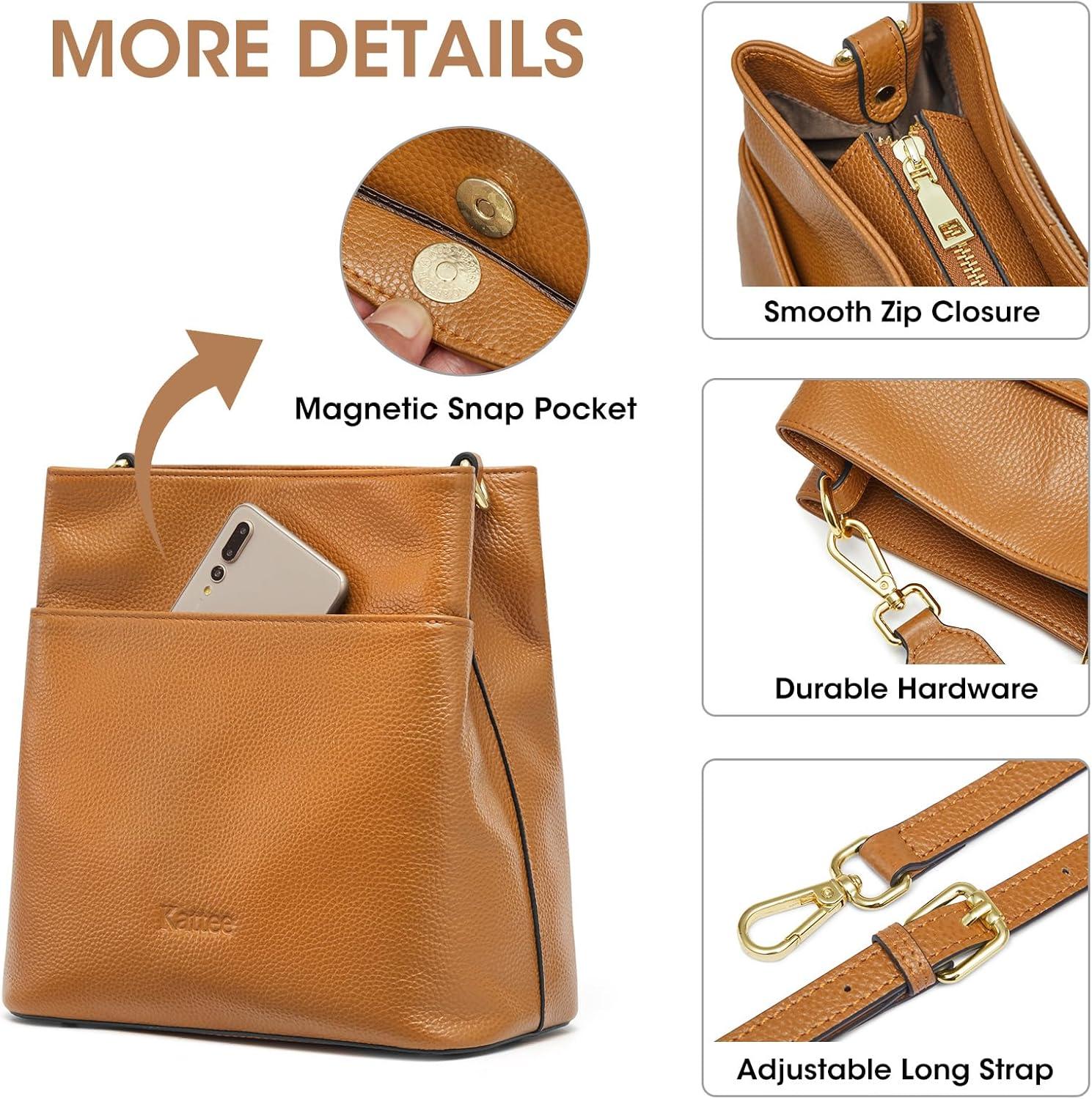 imageKattee Leather Handbags for Women Soft Shoulder Tote Crossbody Purses Bucket Bags with 2 Detachable StrapsBrown