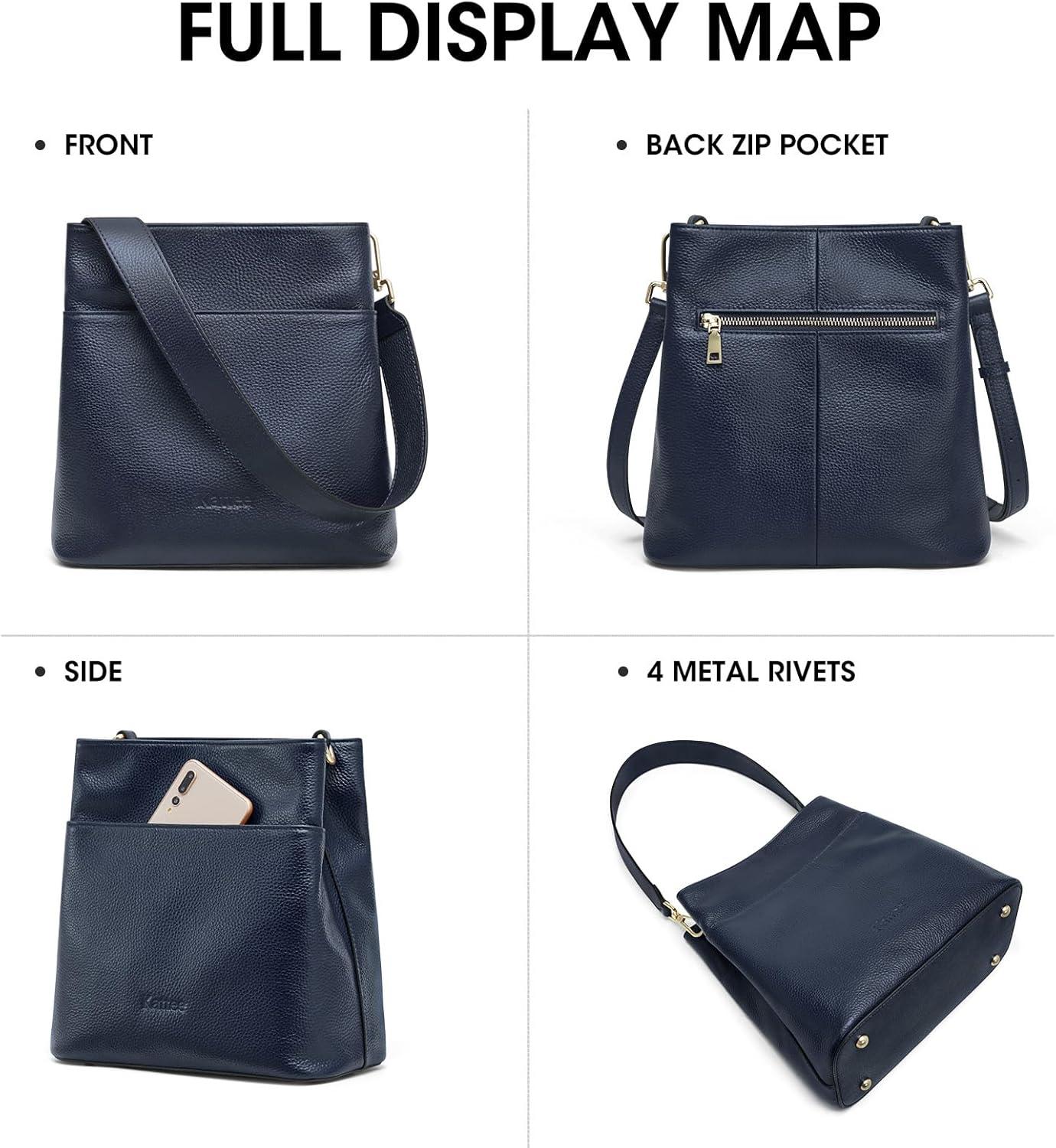 imageKattee Leather Handbags for Women Soft Shoulder Tote Crossbody Purses Bucket Bags with 2 Detachable StrapsDark Blue