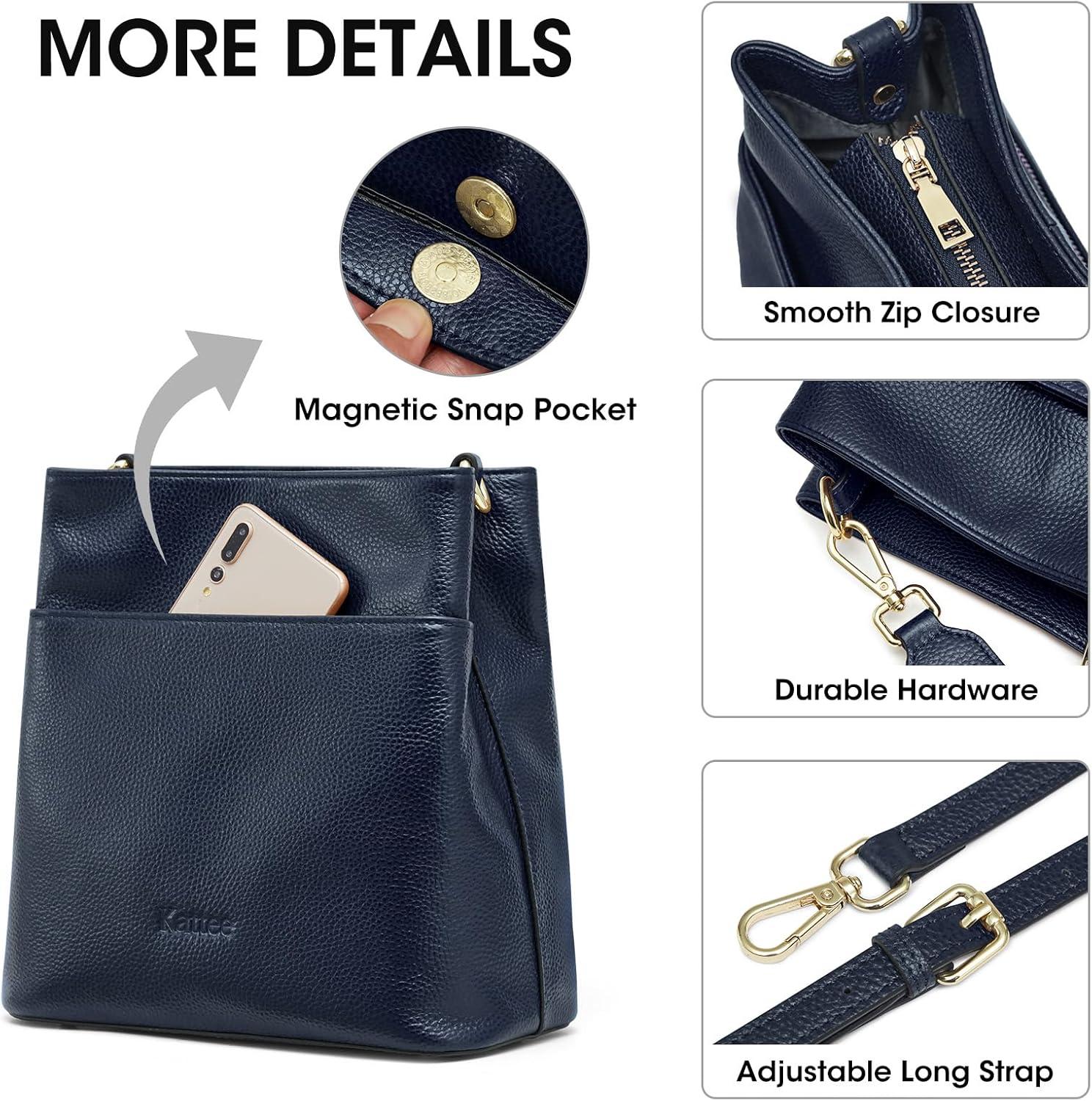 imageKattee Leather Handbags for Women Soft Shoulder Tote Crossbody Purses Bucket Bags with 2 Detachable StrapsDark Blue
