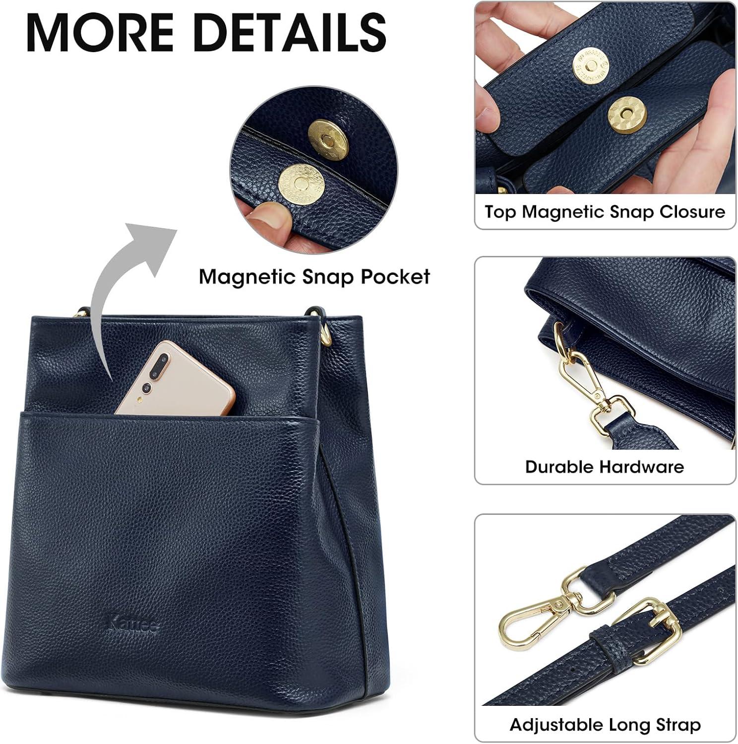 imageKattee Leather Handbags for Women Soft Shoulder Tote Crossbody Purses Bucket Bags with 2 Detachable StrapsDark Blue