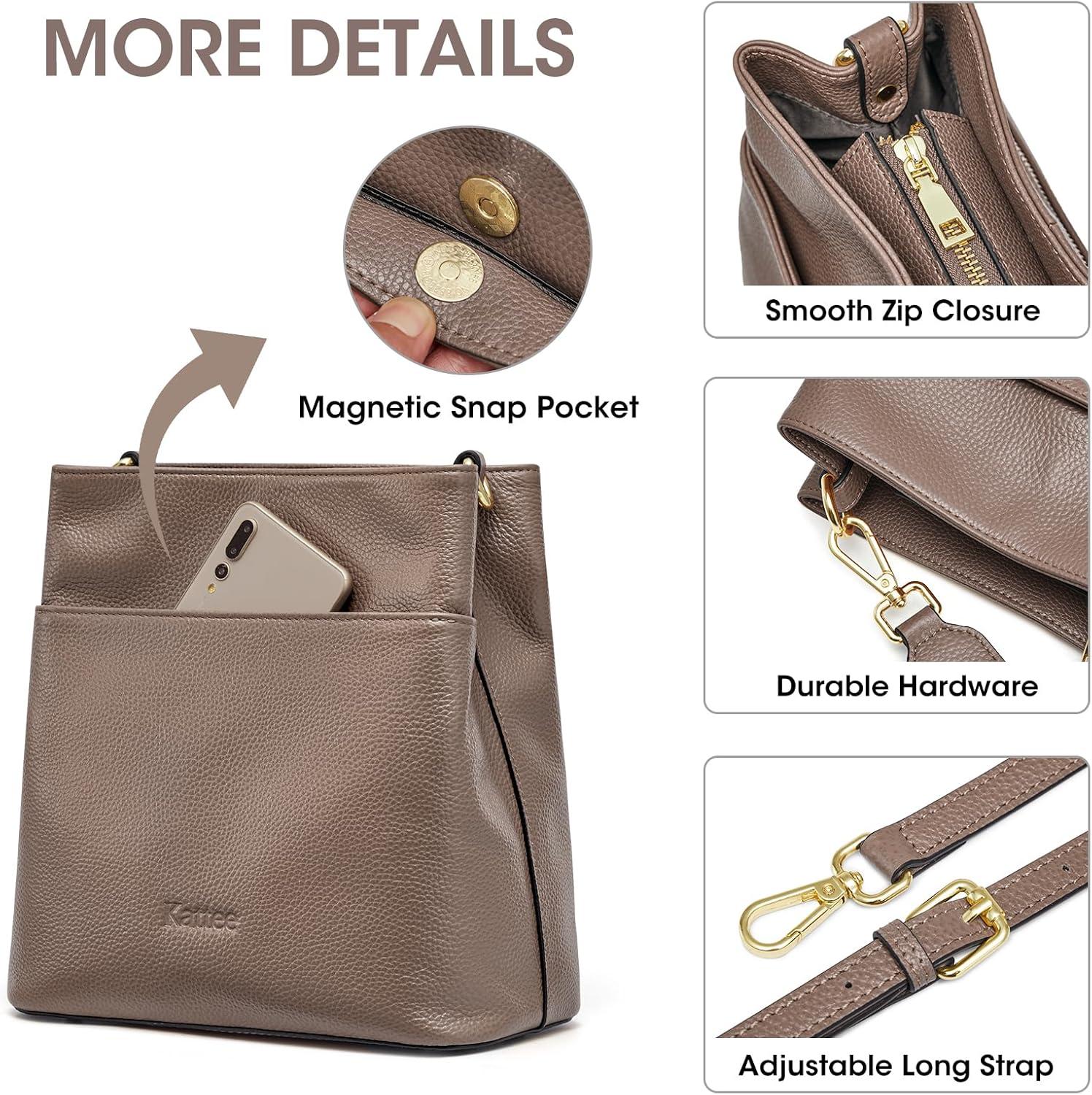 imageKattee Leather Handbags for Women Soft Shoulder Tote Crossbody Purses Bucket Bags with 2 Detachable StrapsKhaki
