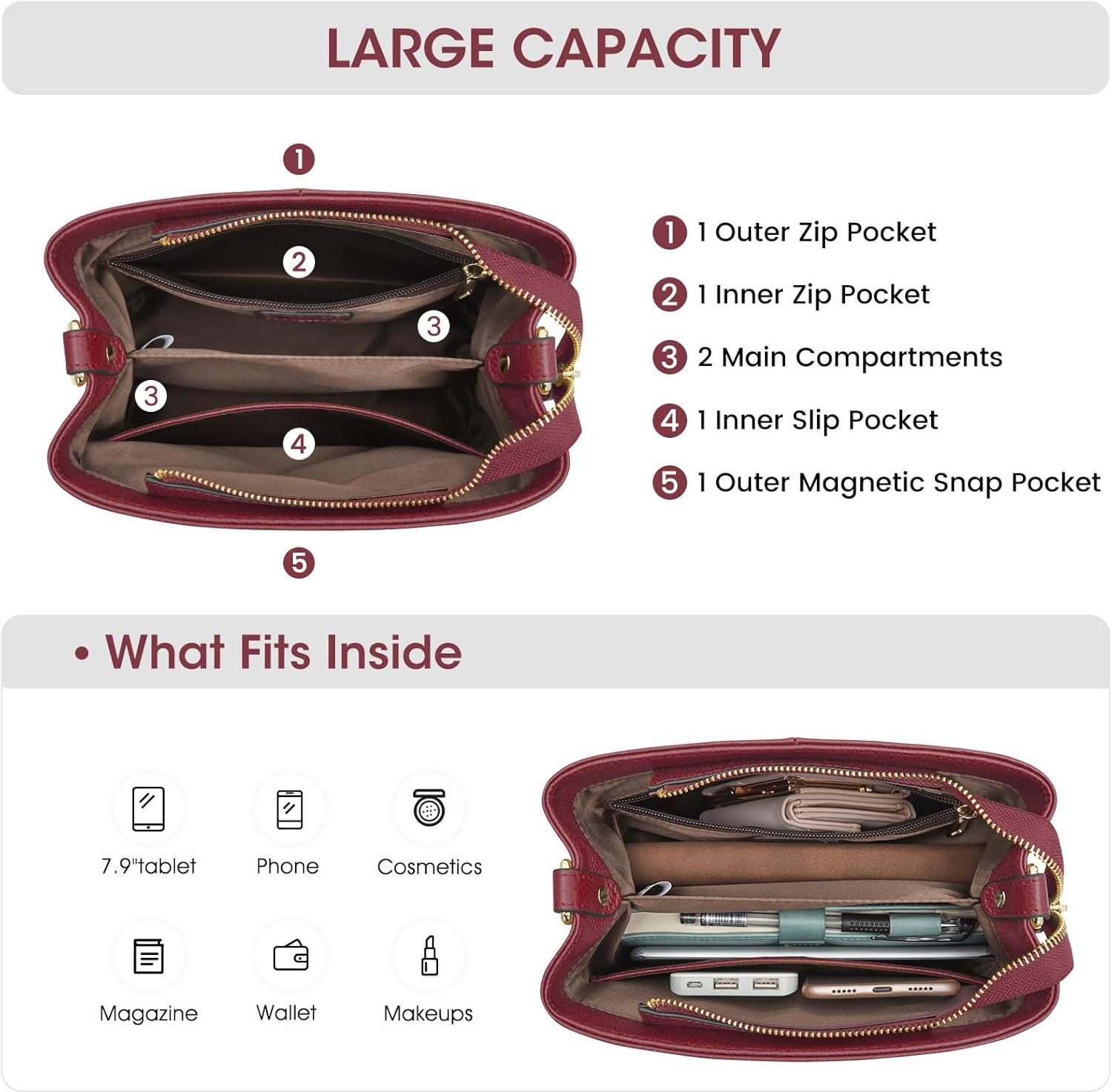 imageKattee Leather Handbags for Women Soft Shoulder Tote Crossbody Purses Bucket Bags with 2 Detachable StrapsWine Red