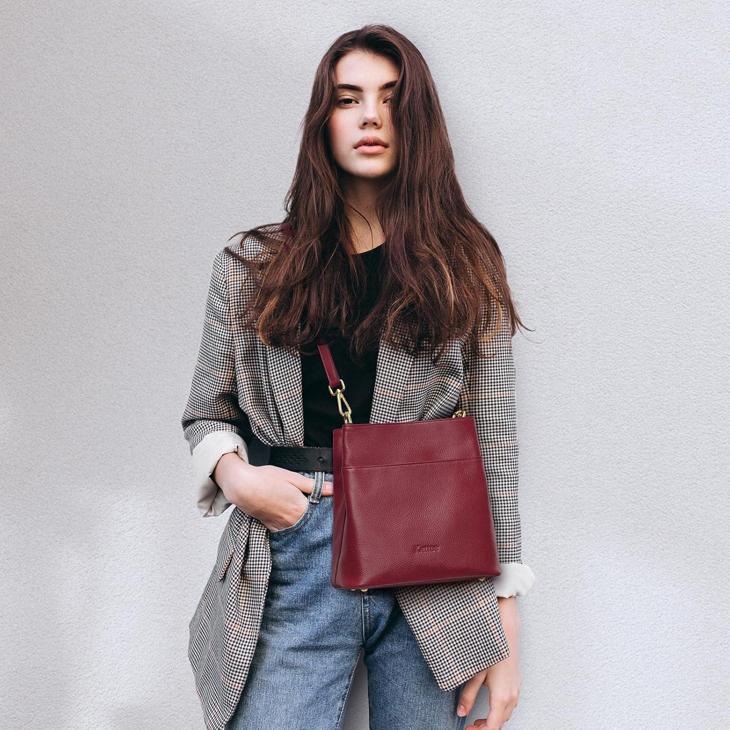 imageKattee Leather Handbags for Women Soft Shoulder Tote Crossbody Purses Bucket Bags with 2 Detachable StrapsWine Red