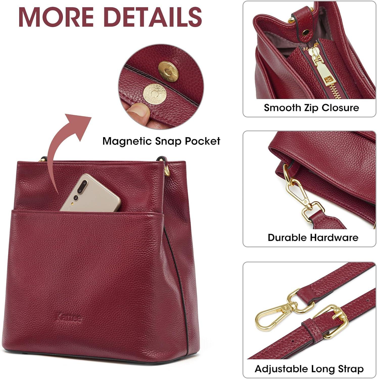 imageKattee Leather Handbags for Women Soft Shoulder Tote Crossbody Purses Bucket Bags with 2 Detachable StrapsWine Red