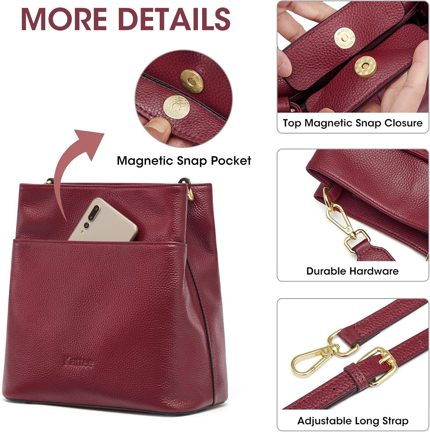 imageKattee Leather Handbags for Women Soft Shoulder Tote Crossbody Purses Bucket Bags with 2 Detachable StrapsWine Red