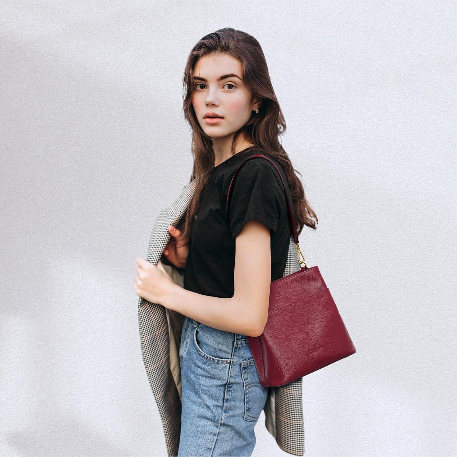 imageKattee Leather Handbags for Women Soft Shoulder Tote Crossbody Purses Bucket Bags with 2 Detachable StrapsWine Red