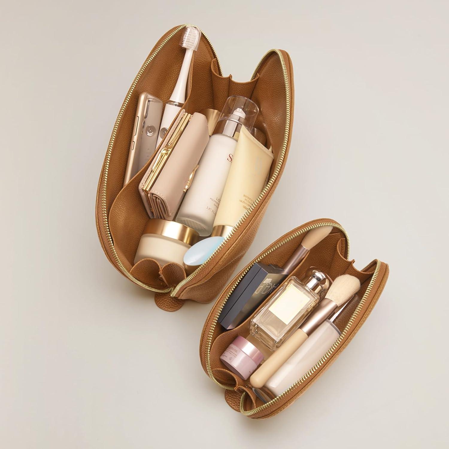 imageKattee Leather Makeup Bag Travel Cosmetic Bag Set Toiletry Bag Organizer for Women 1PACK Medium BrownBrown