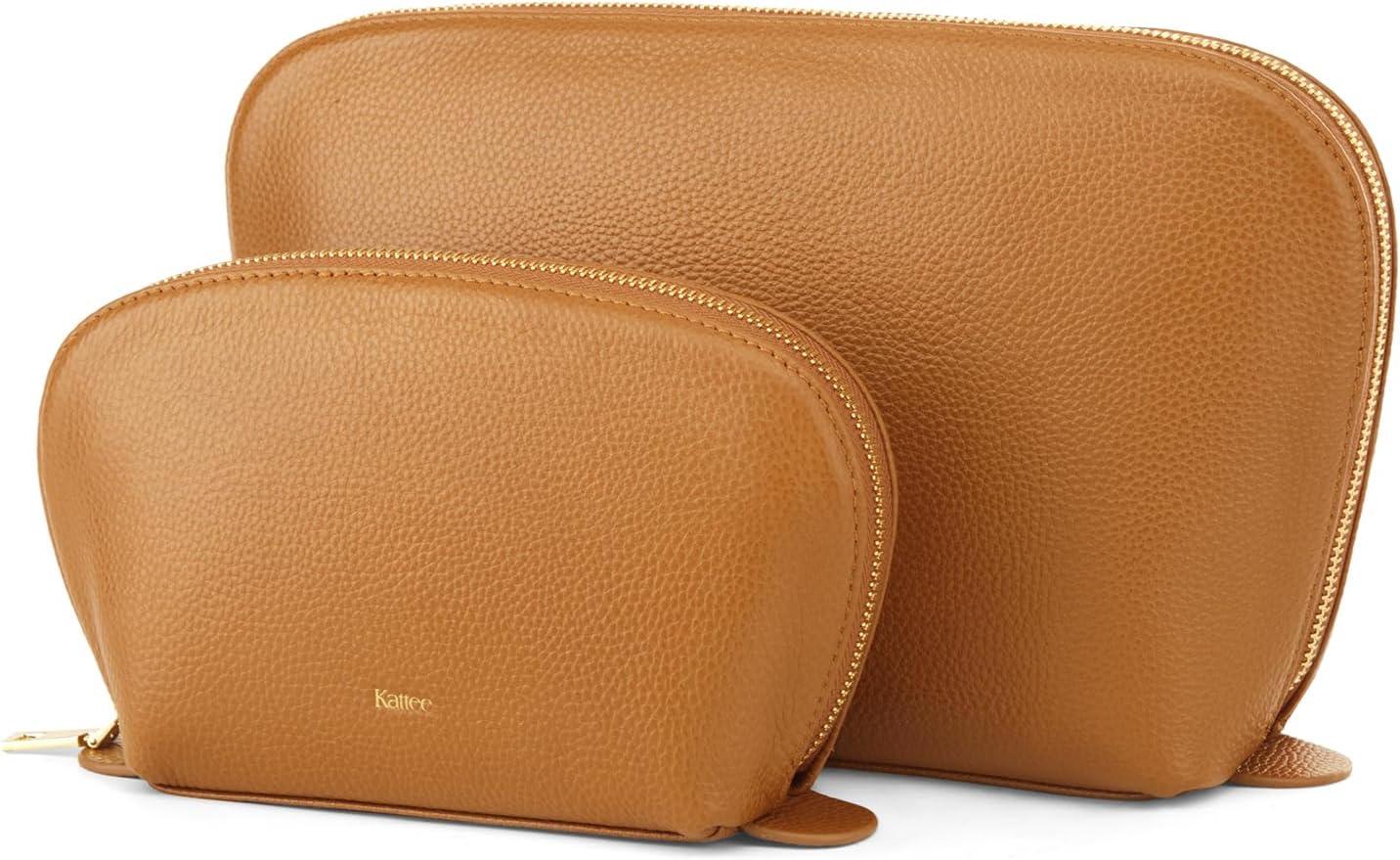 imageKattee Leather Makeup Bag Travel Cosmetic Bag Set Toiletry Bag Organizer for Women 1PACK Medium BrownBrown