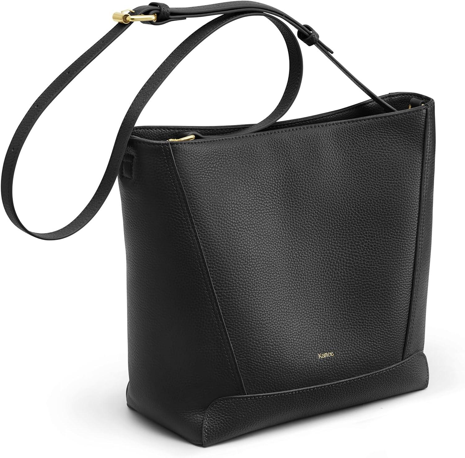 imageKattee Leather Purses and Handbags Bucket Bags for Women Top Grain Leather Tote Shoulder Crossbody with 2 StrapsBlack
