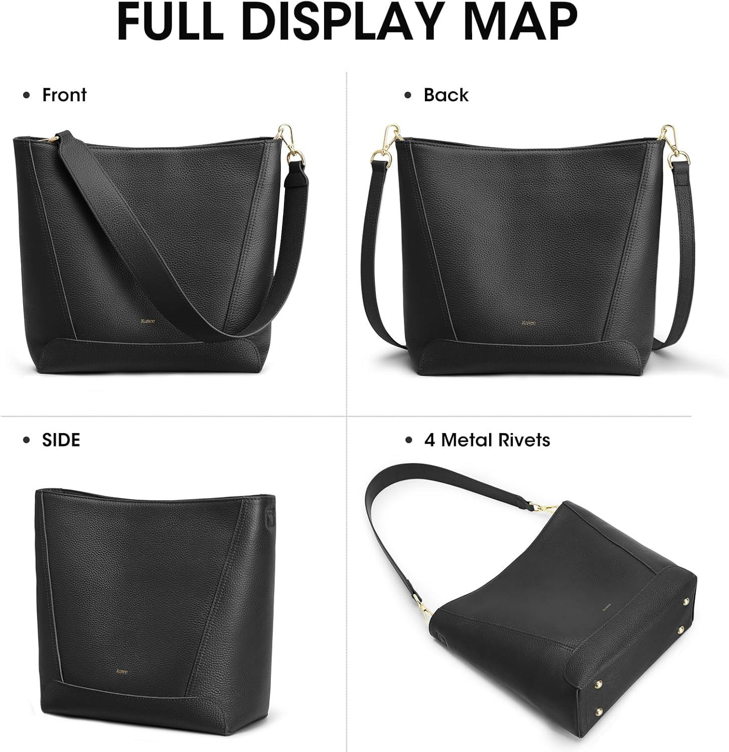 imageKattee Leather Purses and Handbags Bucket Bags for Women Top Grain Leather Tote Shoulder Crossbody with 2 StrapsBlack