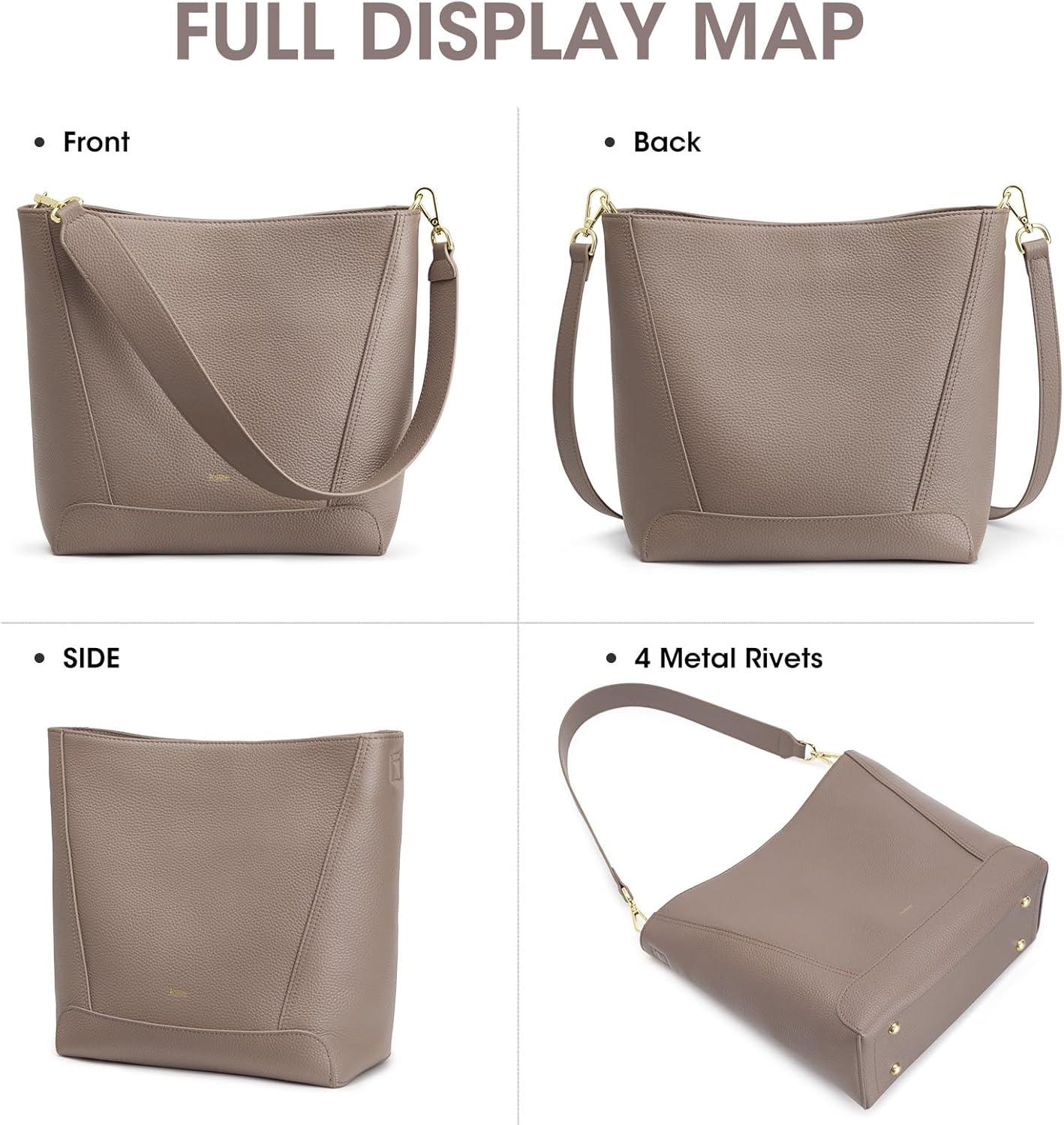 imageKattee Leather Purses and Handbags Bucket Bags for Women Top Grain Leather Tote Shoulder Crossbody with 2 StrapsKhaki