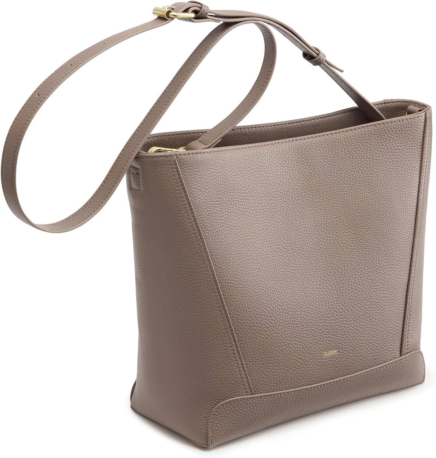 imageKattee Leather Purses and Handbags Bucket Bags for Women Top Grain Leather Tote Shoulder Crossbody with 2 StrapsKhaki