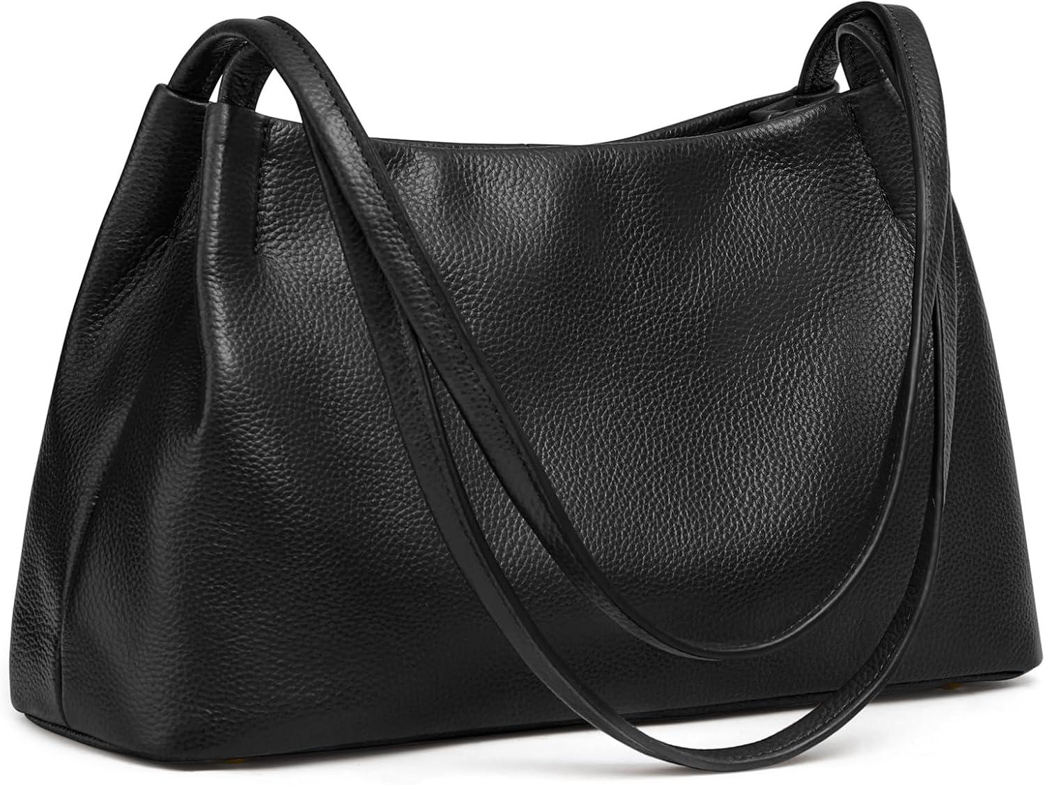 imageKattee Leather Purses and Handbags for Women Soft Genuine Leather Shoulder Hobo Bags with Top Magnetic Snap ClosureBlack