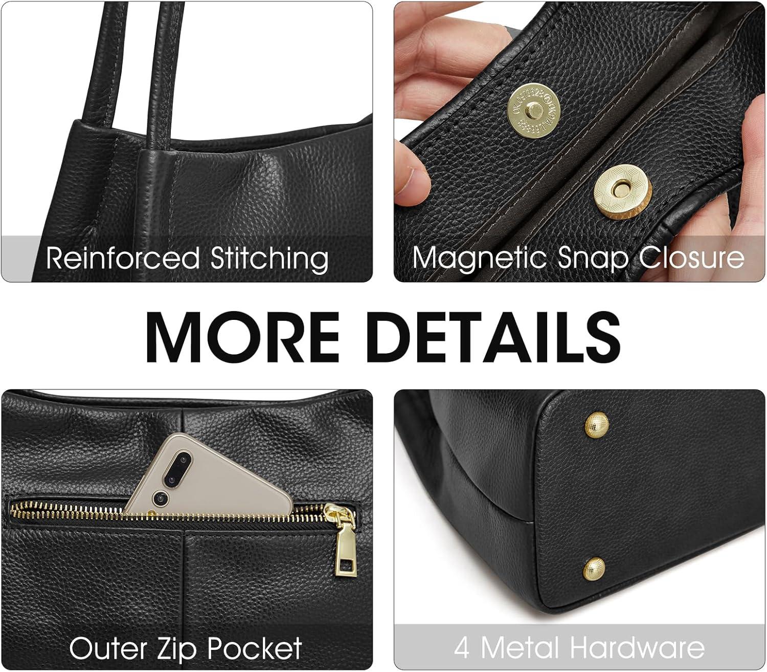 imageKattee Leather Purses and Handbags for Women Soft Genuine Leather Shoulder Hobo Bags with Top Magnetic Snap ClosureBlack