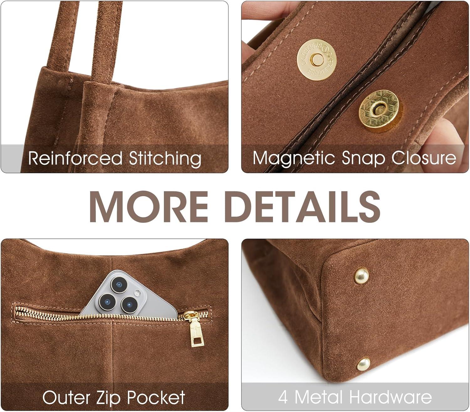 imageKattee Leather Purses and Handbags for Women Soft Genuine Leather Shoulder Hobo Bags with Top Magnetic Snap ClosureSuede Coffee