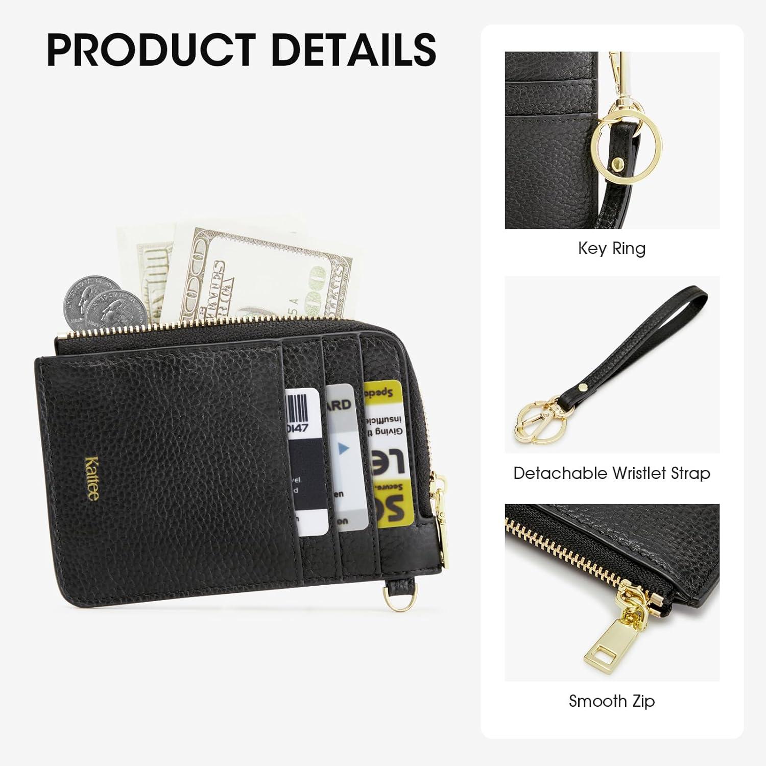 imageKattee Leather RFID Wallet Women Small Wristlet Wallets for Women Slim Credit Card Holder for Women with Gold ZipperBlack