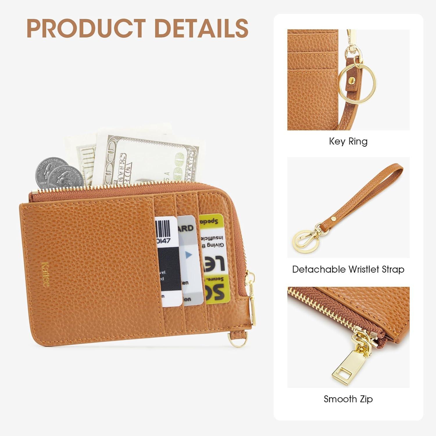 imageKattee Leather RFID Wallet Women Small Wristlet Wallets for Women Slim Credit Card Holder for Women with Gold ZipperBrown