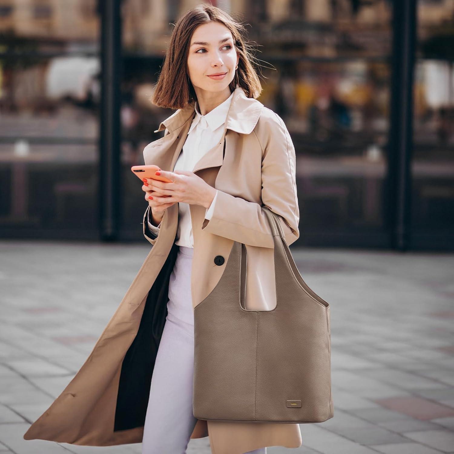 imageKattee Leather Tote Bag Purse for Women Leather Womens Tote Handbags Hobo Shoulder Bags Large CapacityKhaki