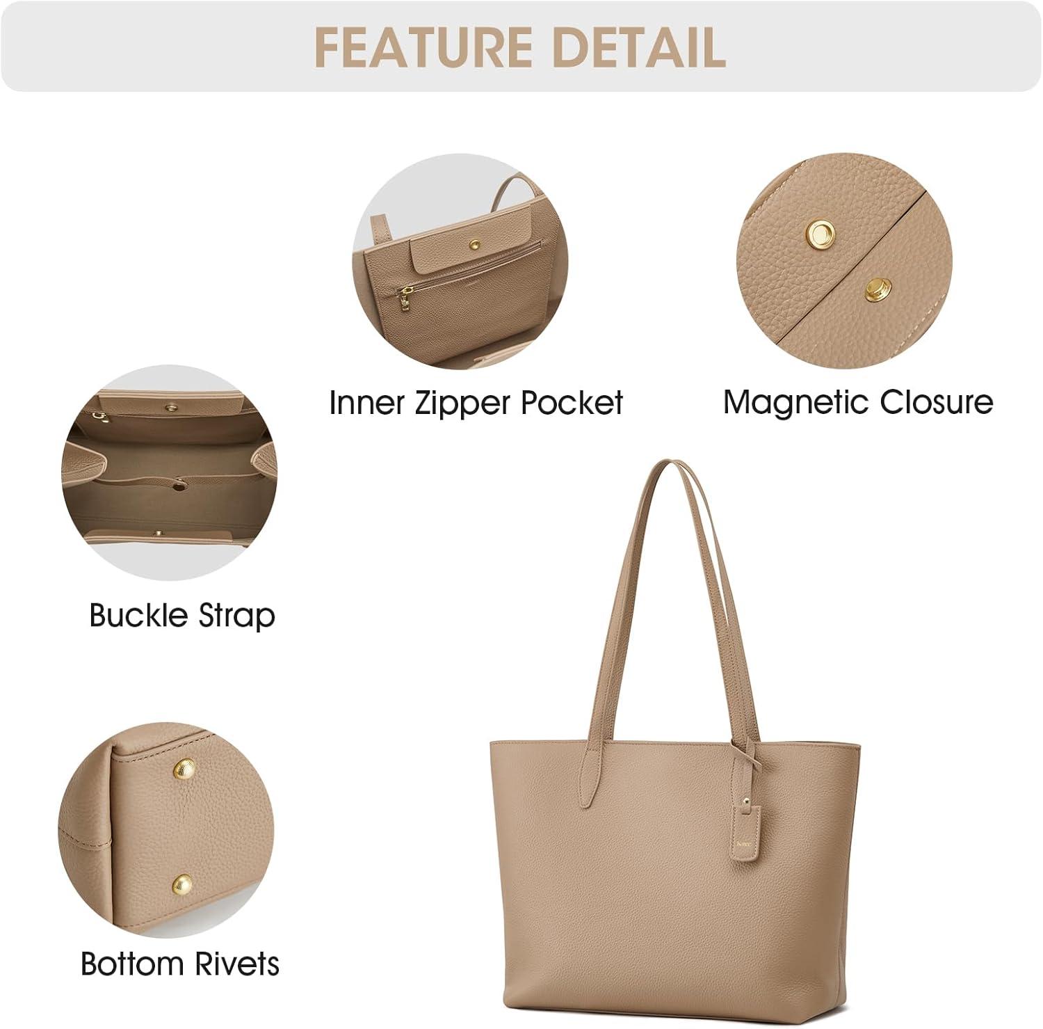 imageKattee Leather Tote Bags for Women Shoulder Purses and Handbags Travel Work Bags with Wristlet Wallet 2in1Apricot
