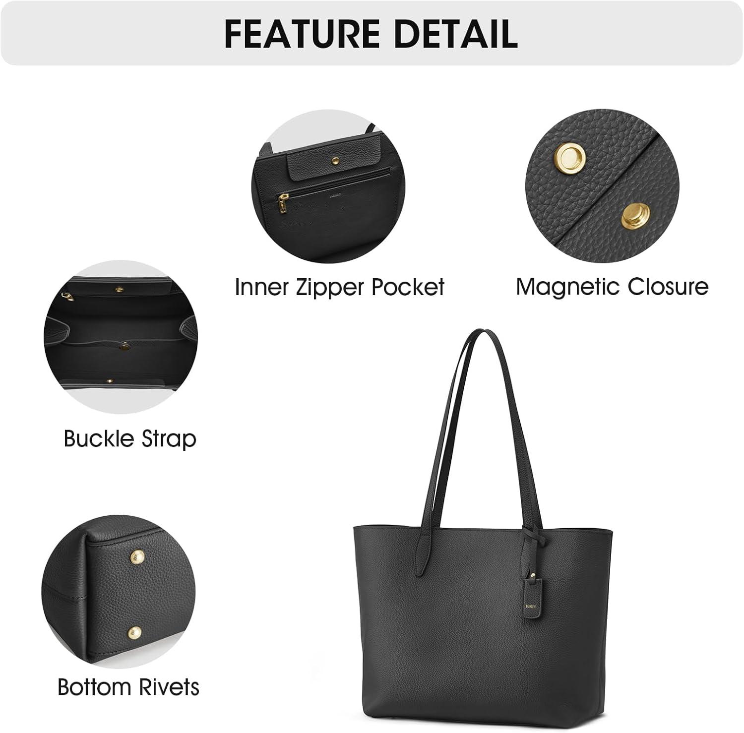 imageKattee Leather Tote Bags for Women Shoulder Purses and Handbags Travel Work Bags with Wristlet Wallet 2in1Black