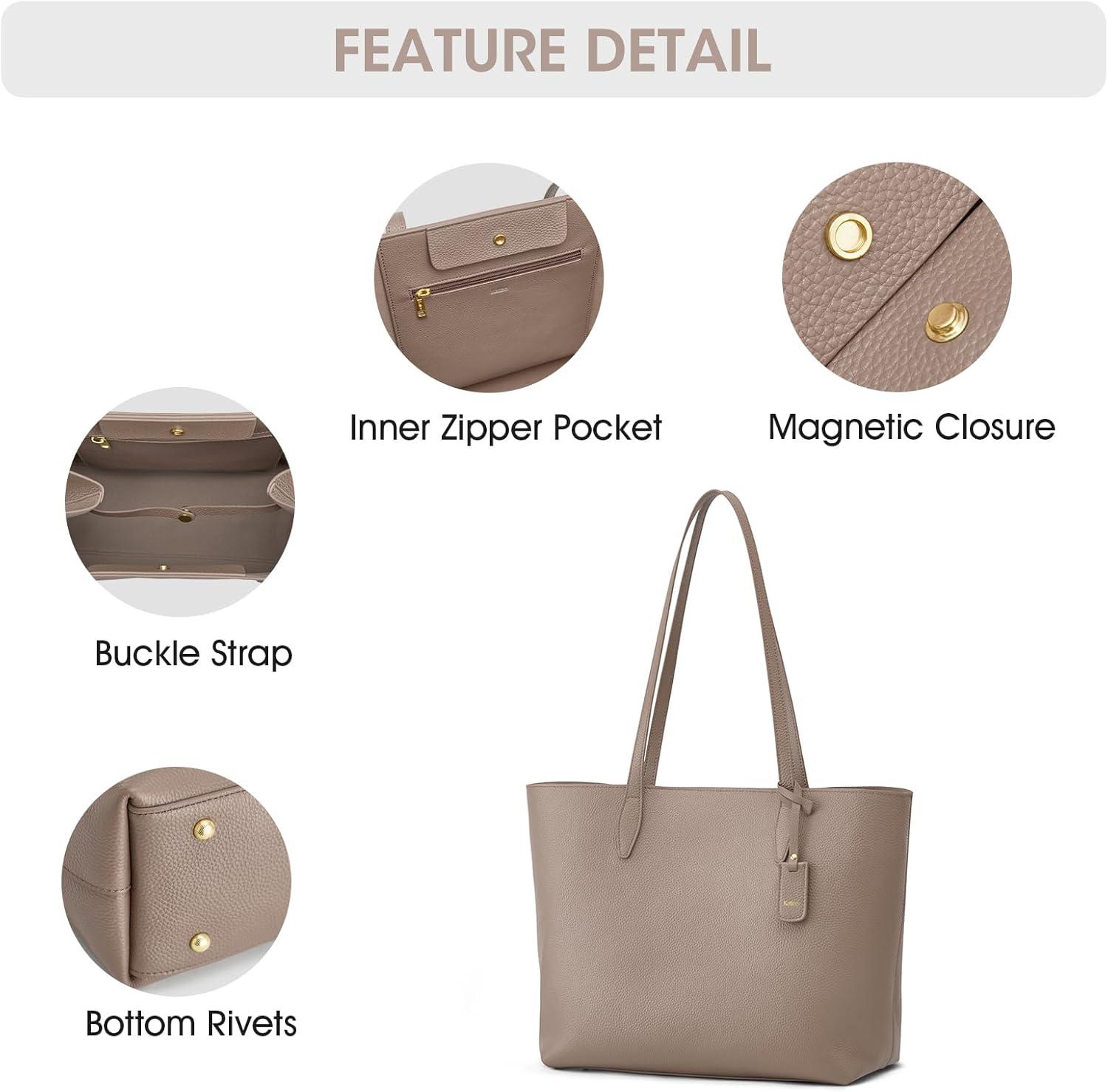 imageKattee Leather Tote Bags for Women Shoulder Purses and Handbags Travel Work Bags with Wristlet Wallet 2in1Khaki