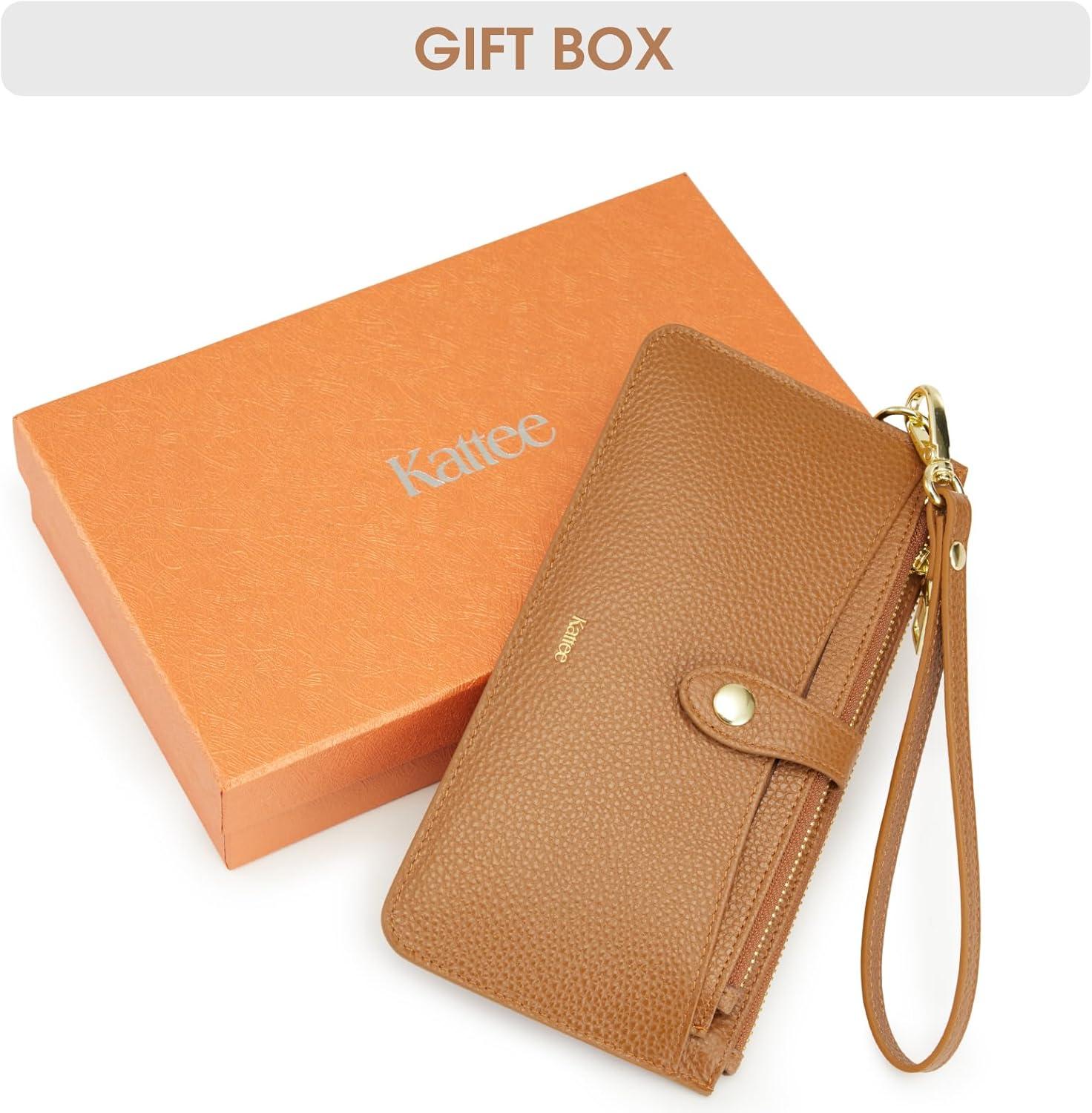 imageKattee Leather Wristlet Wallets for Women RFID Wallets Women Top Grain Leather Card Holder Phone Purses Clutch BagsBrown