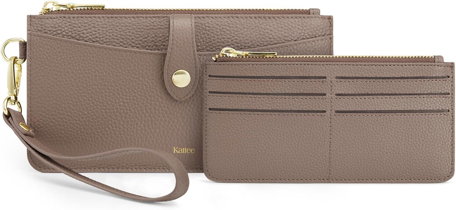 imageKattee Leather Wristlet Wallets for Women RFID Wallets Women Top Grain Leather Card Holder Phone Purses Clutch BagsKhaki